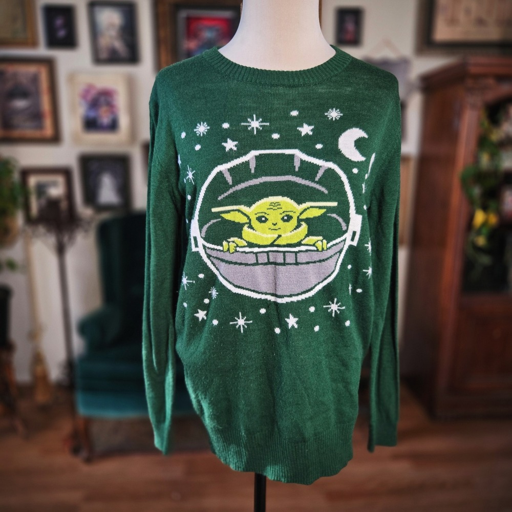 Star Wars Grogu Sweater Baby Yoda Green Knit Crewneck Mens L Unisex Mandalorian